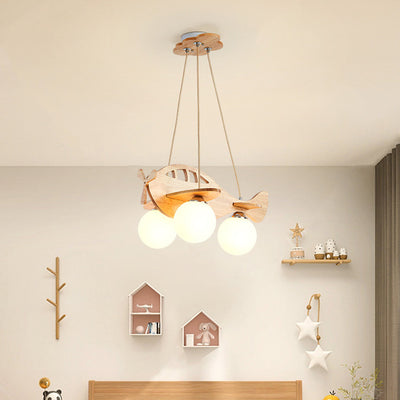 Zeitgenössischer Kreativer Kinder Cartoon Flugzeug Kugel Holz Eisen Glas 3-Licht Kronleuchter Für Schlafzimmer 