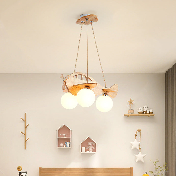 Zeitgenössischer Kreativer Kinder Cartoon Flugzeug Kugel Holz Eisen Glas 3-Licht Kronleuchter Für Schlafzimmer 