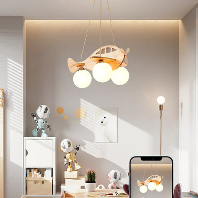 Zeitgenössischer Kreativer Kinder Cartoon Flugzeug Kugel Holz Eisen Glas 3-Licht Kronleuchter Für Schlafzimmer 