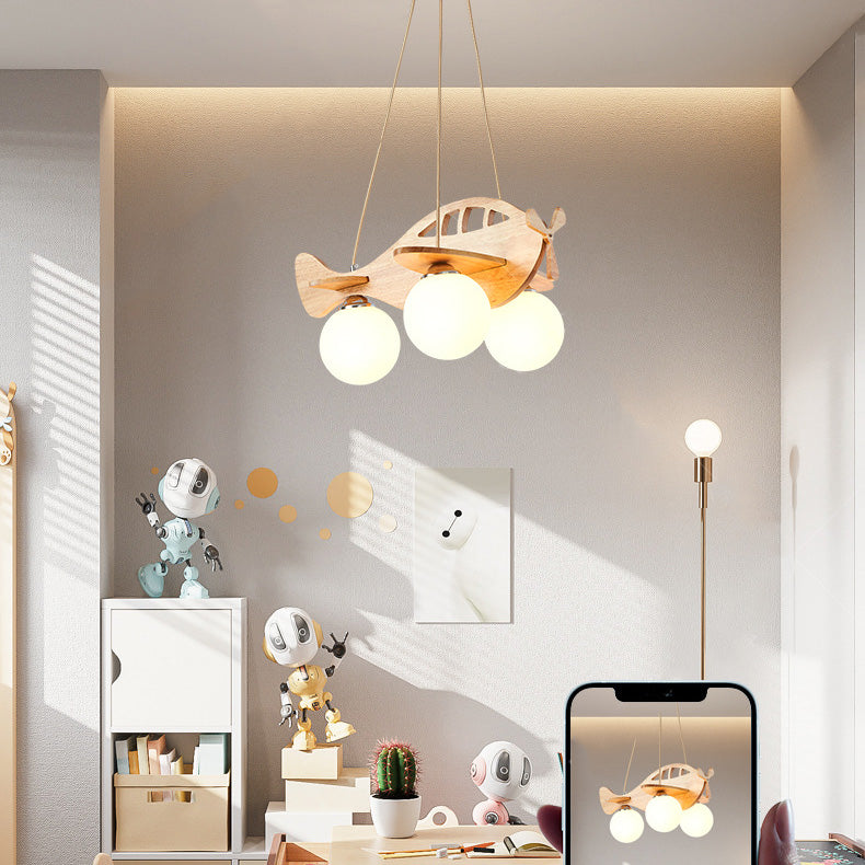 Zeitgenössischer Kreativer Kinder Cartoon Flugzeug Kugel Holz Eisen Glas 3-Licht Kronleuchter Für Schlafzimmer 