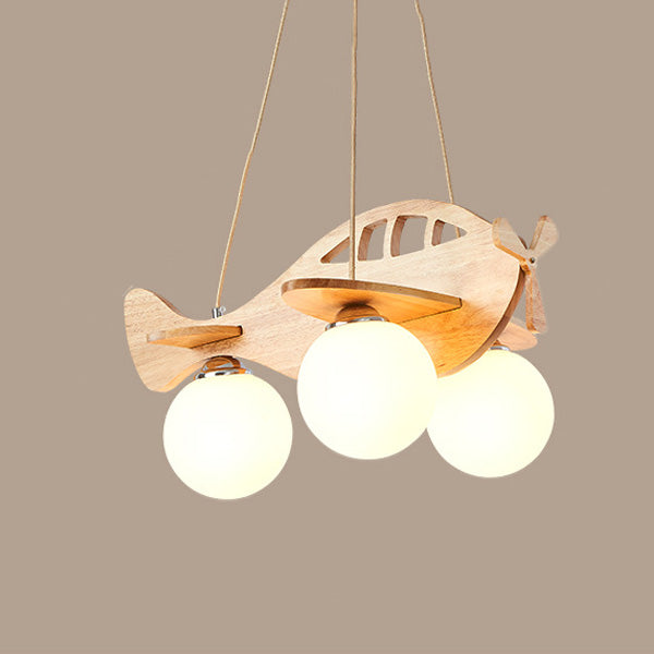 Zeitgenössischer Kreativer Kinder Cartoon Flugzeug Kugel Holz Eisen Glas 3-Licht Kronleuchter Für Schlafzimmer 