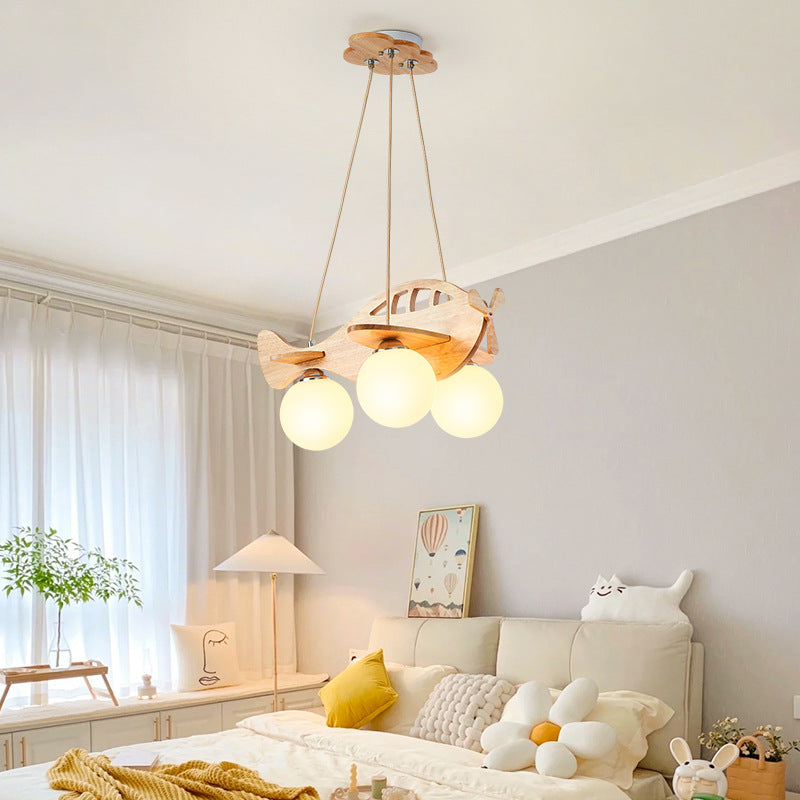 Zeitgenössischer Kreativer Kinder Cartoon Flugzeug Kugel Holz Eisen Glas 3-Licht Kronleuchter Für Schlafzimmer 