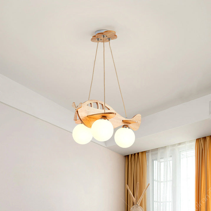 Zeitgenössischer Kreativer Kinder Cartoon Flugzeug Kugel Holz Eisen Glas 3-Licht Kronleuchter Für Schlafzimmer 