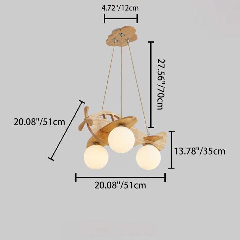 Zeitgenössischer Kreativer Kinder Cartoon Flugzeug Kugel Holz Eisen Glas 3-Licht Kronleuchter Für Schlafzimmer 