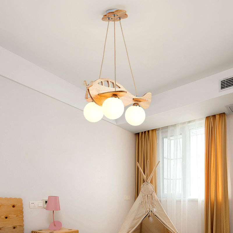 Zeitgenössischer Kreativer Kinder Cartoon Flugzeug Kugel Holz Eisen Glas 3-Licht Kronleuchter Für Schlafzimmer 