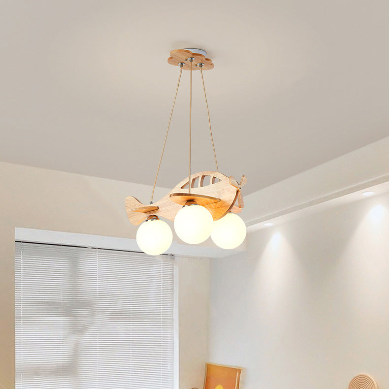 Zeitgenössischer Kreativer Kinder Cartoon Flugzeug Kugel Holz Eisen Glas 3-Licht Kronleuchter Für Schlafzimmer 