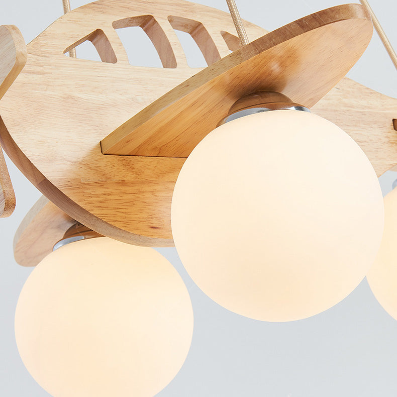 Zeitgenössischer Kreativer Kinder Cartoon Flugzeug Kugel Holz Eisen Glas 3-Licht Kronleuchter Für Schlafzimmer 