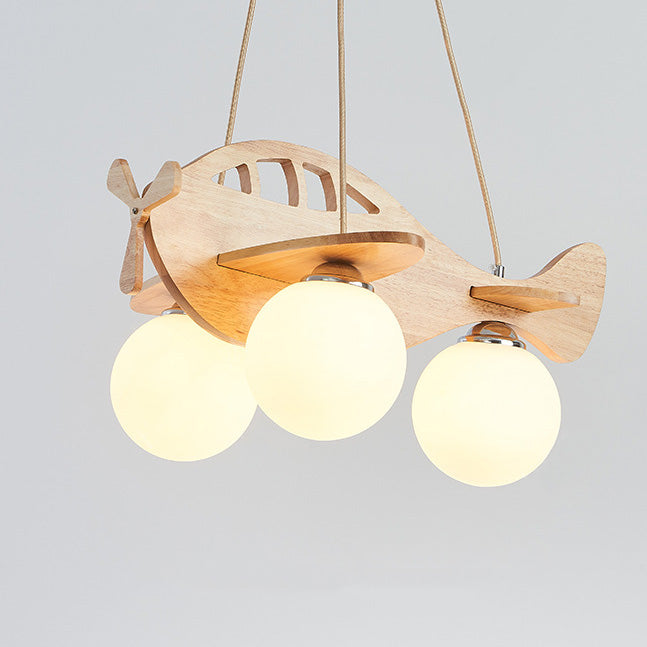 Zeitgenössischer Kreativer Kinder Cartoon Flugzeug Kugel Holz Eisen Glas 3-Licht Kronleuchter Für Schlafzimmer 