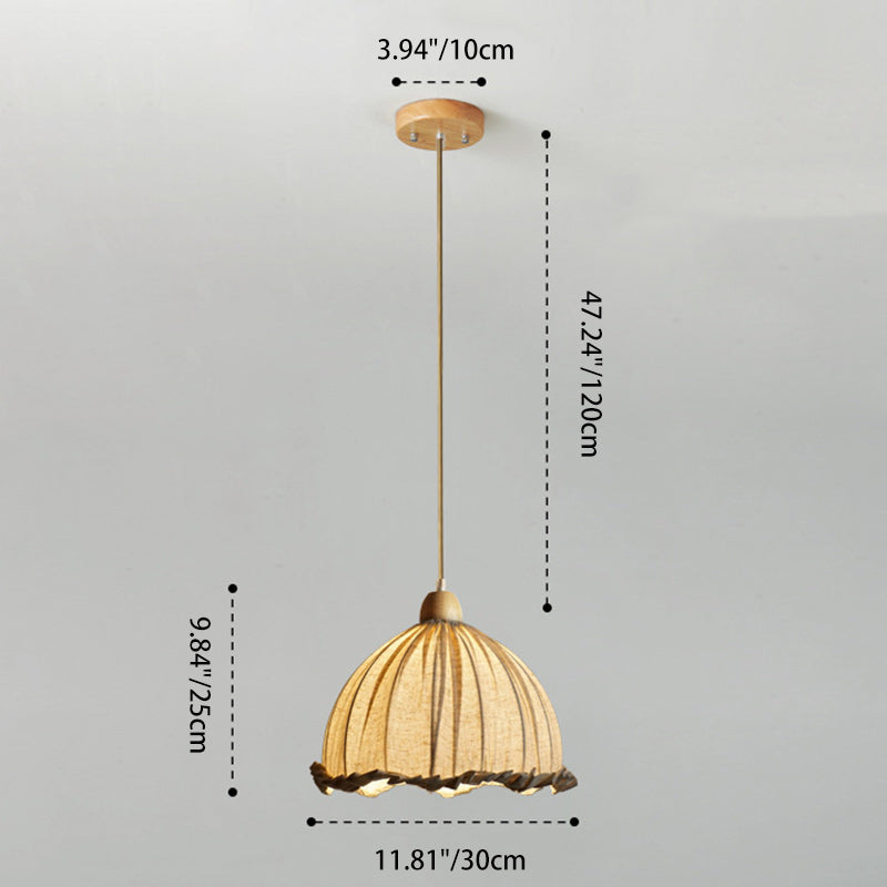 Traditional Vintage Lace Round Semi-circle Rubberwood Linen 1-Light Pendant Light For Bedroom