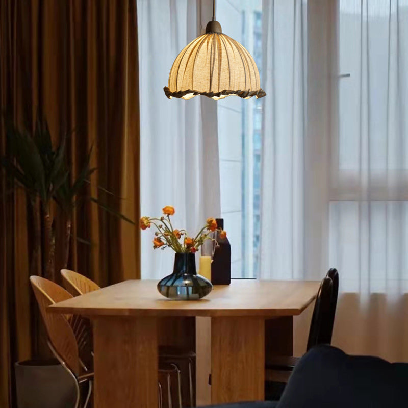 Traditional Vintage Lace Round Semi-circle Rubberwood Linen 1-Light Pendant Light For Bedroom
