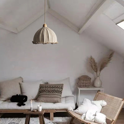 Traditional Vintage Lace Round Semi-circle Rubberwood Linen 1-Light Pendant Light For Bedroom