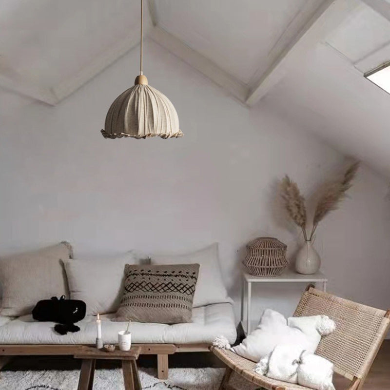 Traditional Vintage Lace Round Semi-circle Rubberwood Linen 1-Light Pendant Light For Bedroom