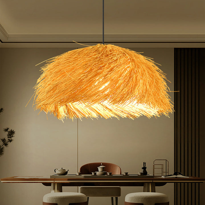 Traditional Japanese Rattan Round Semi-Circle Bamboo 1-Light Pendant Light For Dining Room