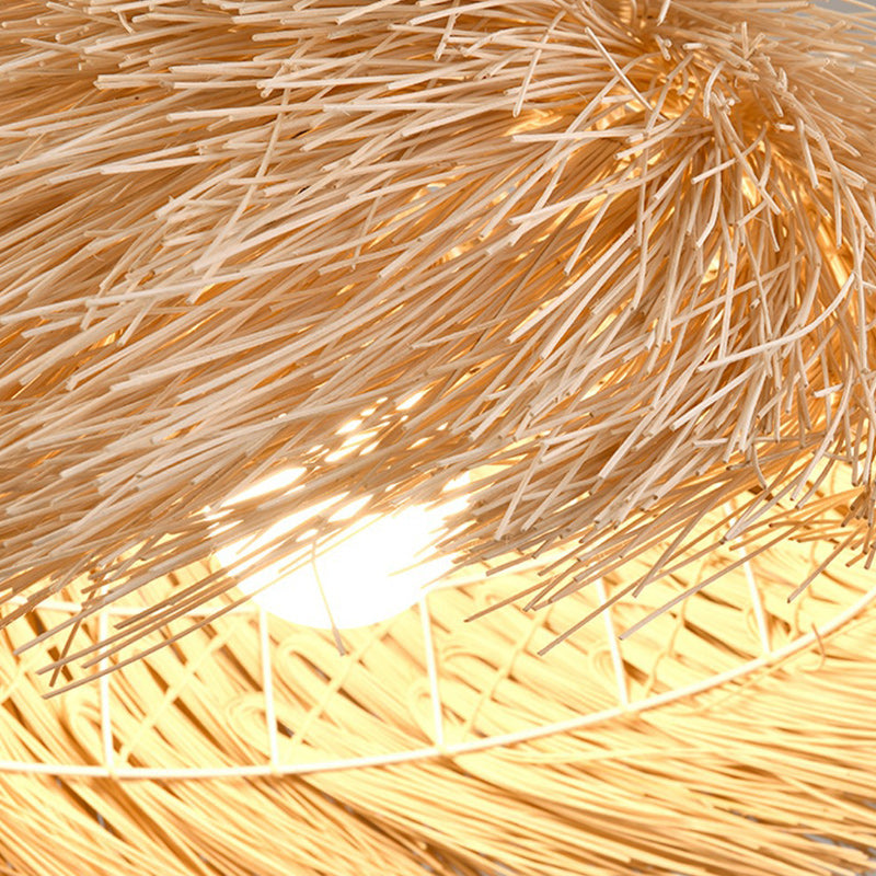Traditional Japanese Hand-Woven Round Semi-Circle Bamboo 1-Light Pendant Light For Dining Room