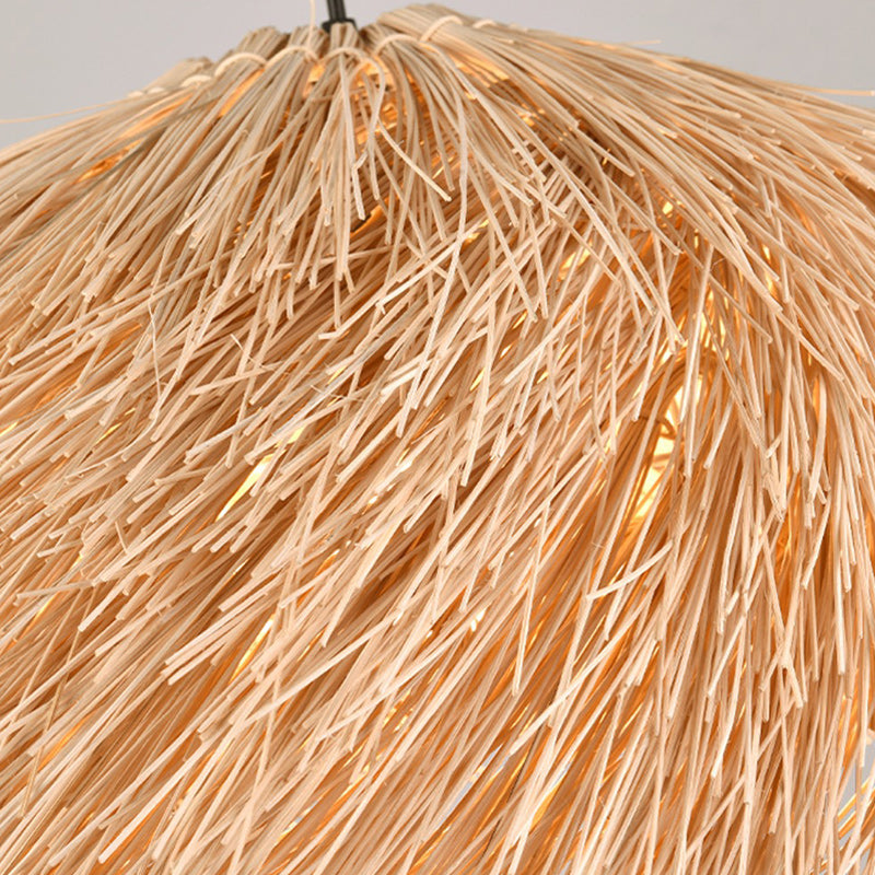Traditionelle japanische Pendelleuchte aus Rattan und Bambus in runder Halbkreisform, 1-flammig, für das Esszimmer 