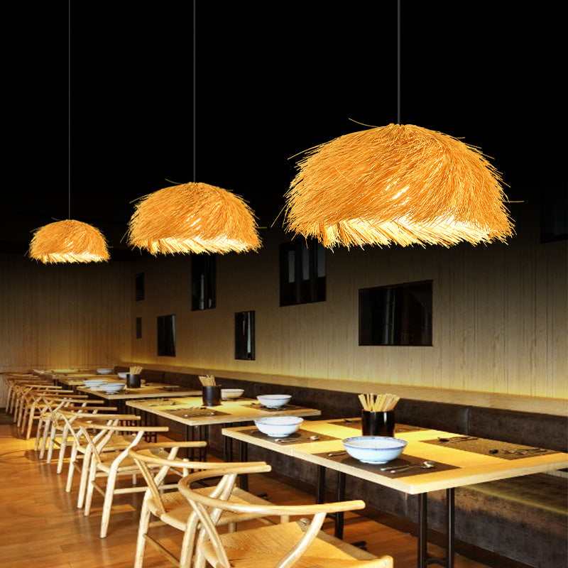 Traditional Japanese Hand-Woven Round Semi-Circle Bamboo 1-Light Pendant Light For Dining Room