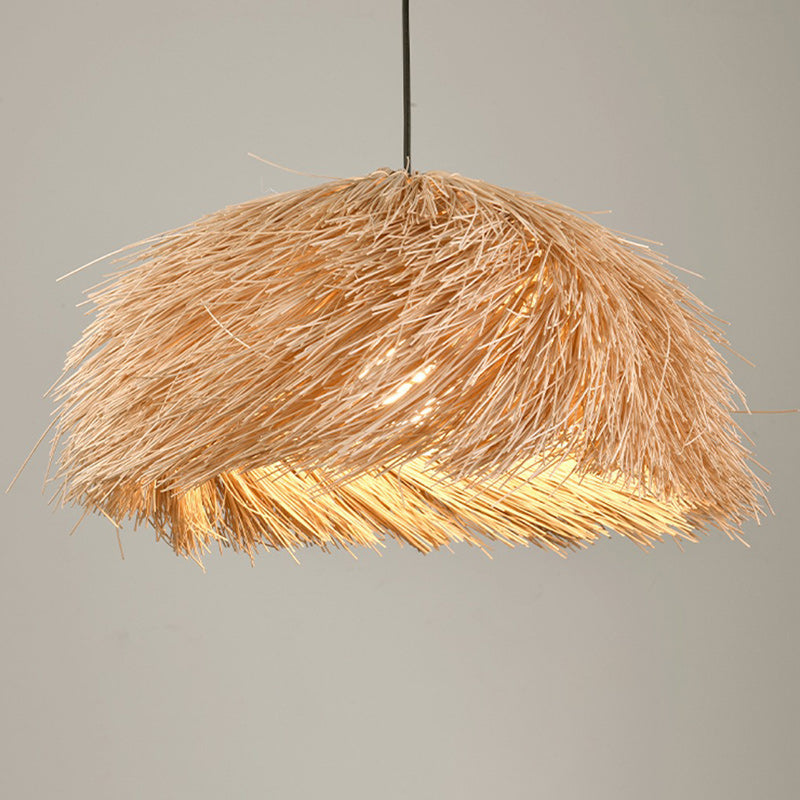 Traditional Japanese Hand-Woven Round Semi-Circle Bamboo 1-Light Pendant Light For Dining Room