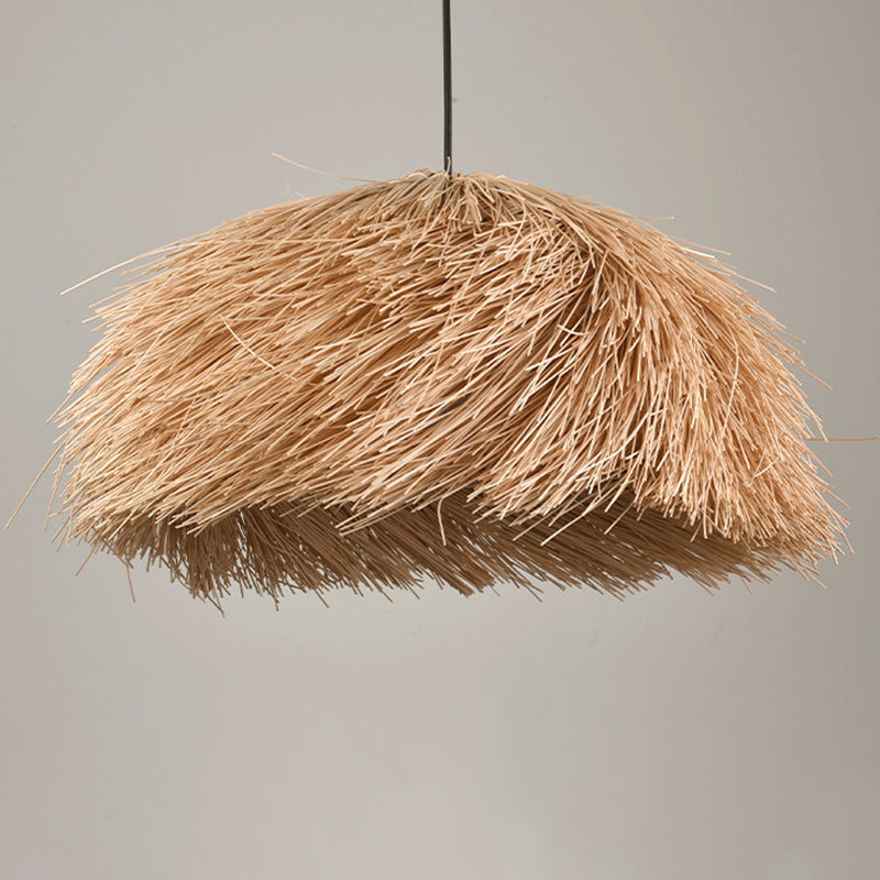Traditional Japanese Hand-Woven Round Semi-Circle Bamboo 1-Light Pendant Light For Dining Room