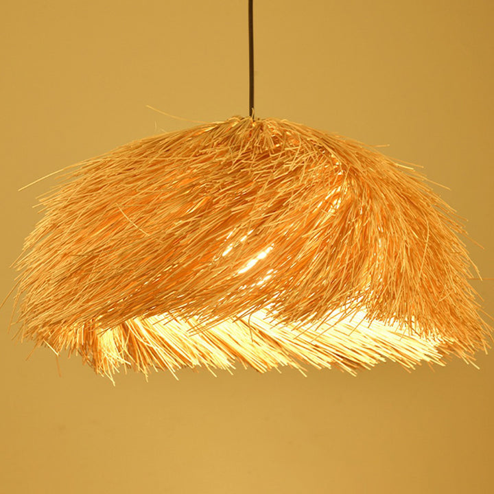 Traditionelle japanische Pendelleuchte aus Rattan und Bambus in runder Halbkreisform, 1-flammig, für das Esszimmer 