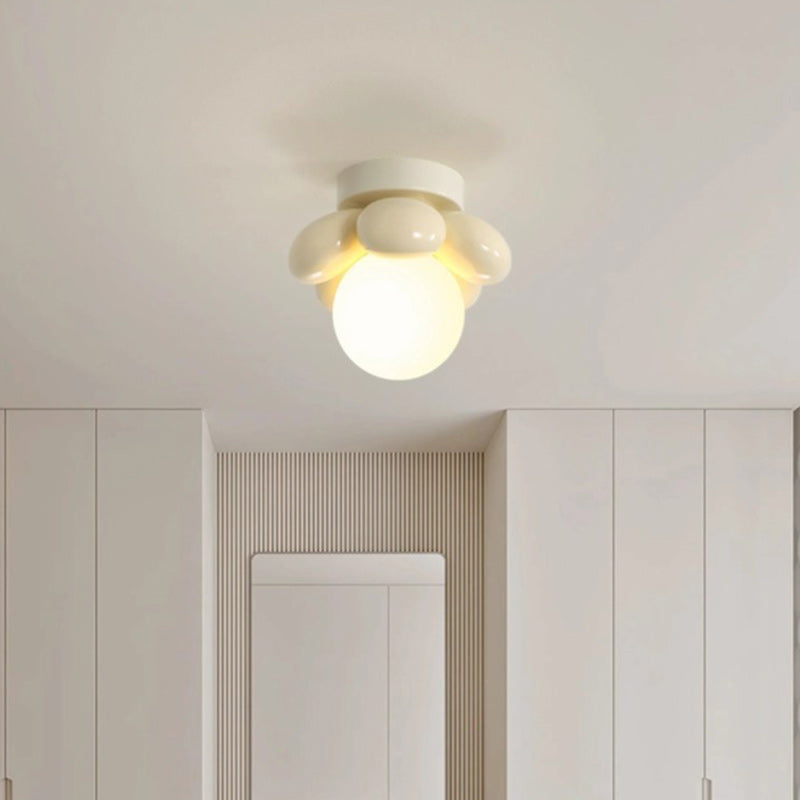 Contemporary Creative Cream Cartoon Flower Round Orb Iron Resin 1-Light Semi-Flush Mount Ceiling Light For Hallway