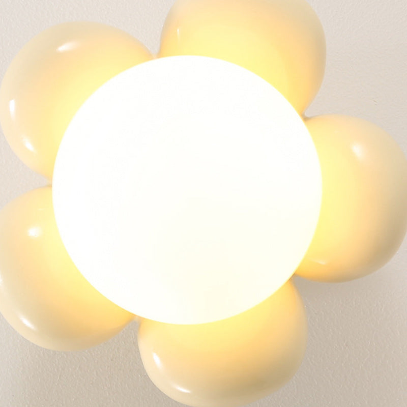 Contemporary Creative Cream Cartoon Flower Round Orb Iron Resin 1-Light Semi-Flush Mount Ceiling Light For Hallway