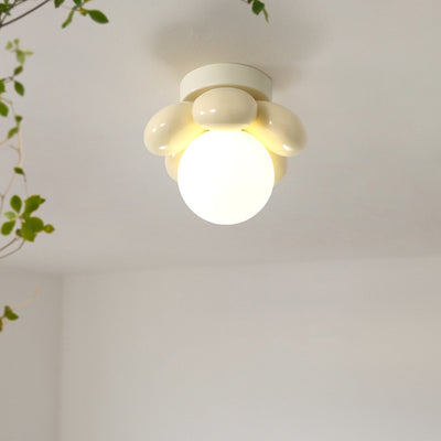 Contemporary Creative Cream Cartoon Flower Round Orb Iron Resin 1-Light Semi-Flush Mount Ceiling Light For Hallway