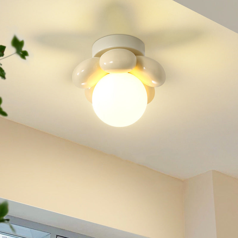 Contemporary Creative Cream Cartoon Flower Round Orb Iron Resin 1-Light Semi-Flush Mount Ceiling Light For Hallway