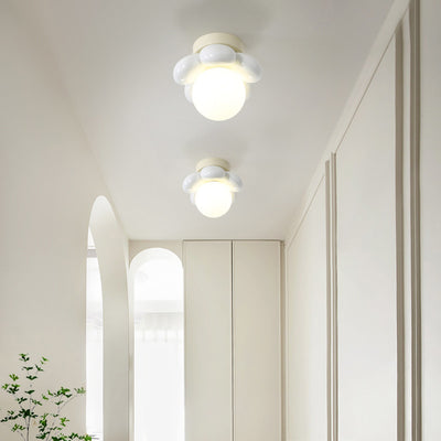 Contemporary Creative Cream Cartoon Flower Round Orb Iron Resin 1-Light Semi-Flush Mount Ceiling Light For Hallway