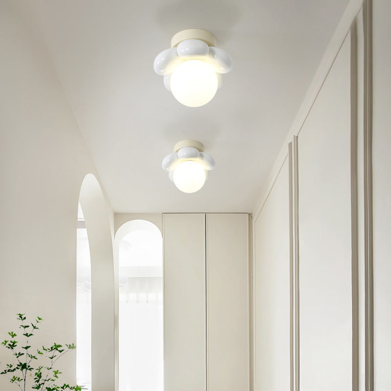 Contemporary Creative Cream Cartoon Flower Round Orb Iron Resin 1-Light Semi-Flush Mount Ceiling Light For Hallway
