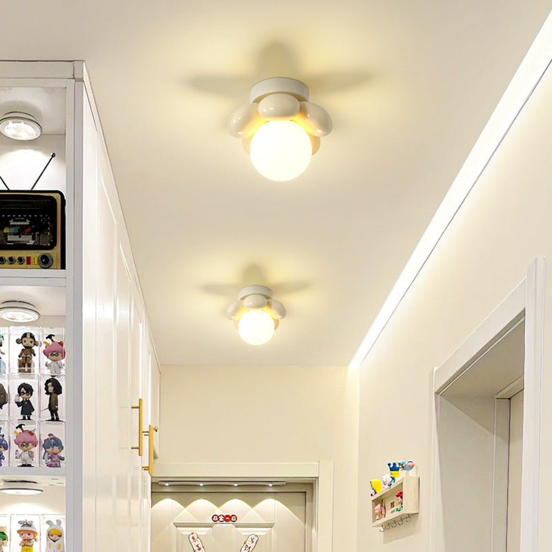 Contemporary Creative Cream Cartoon Flower Round Orb Iron Resin 1-Light Semi-Flush Mount Ceiling Light For Hallway
