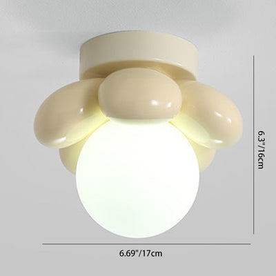Contemporary Creative Cream Cartoon Flower Round Orb Iron Resin 1-Light Semi-Flush Mount Ceiling Light For Hallway