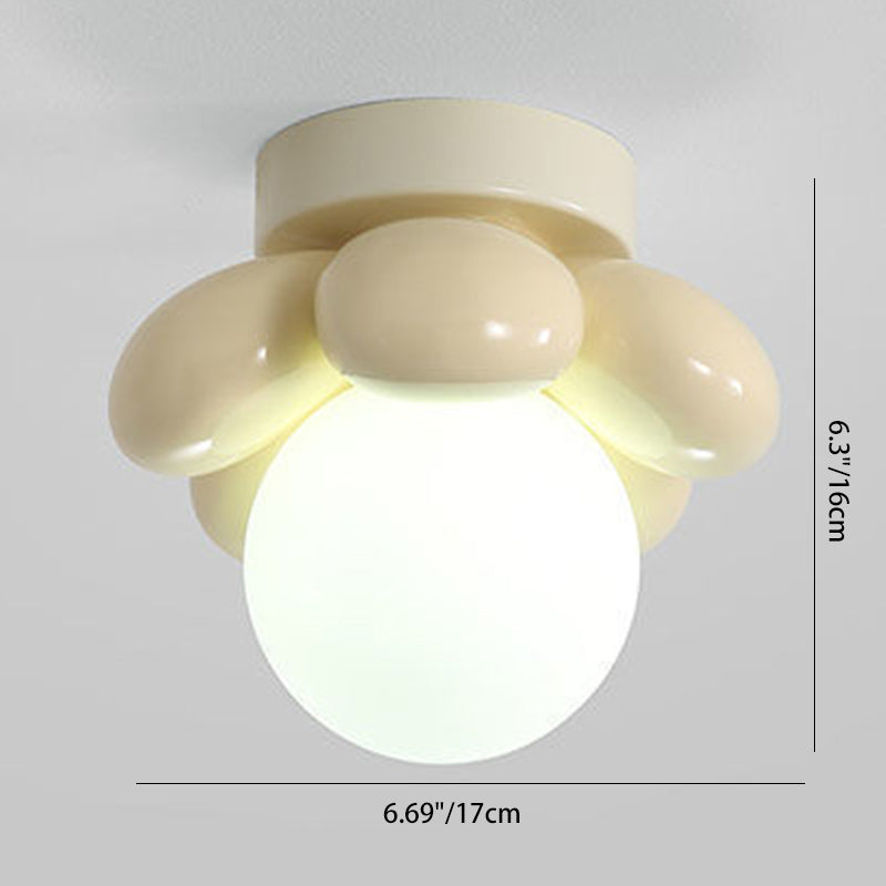 Contemporary Creative Cream Cartoon Flower Round Orb Iron Resin 1-Light Semi-Flush Mount Ceiling Light For Hallway