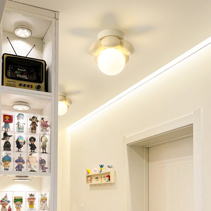 Lustre de plafond semi-encastré contemporain créatif crème fleur ronde orbe en fer résine 1 lumière pour couloir 