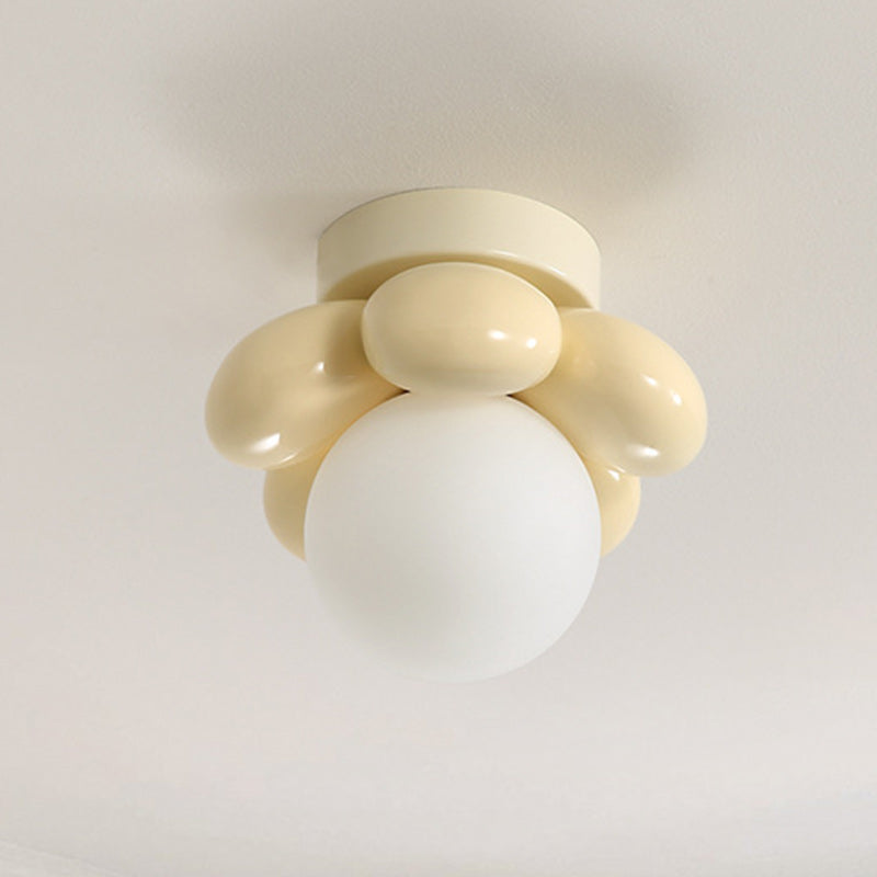Contemporary Creative Cream Cartoon Flower Round Orb Iron Resin 1-Light Semi-Flush Mount Ceiling Light For Hallway