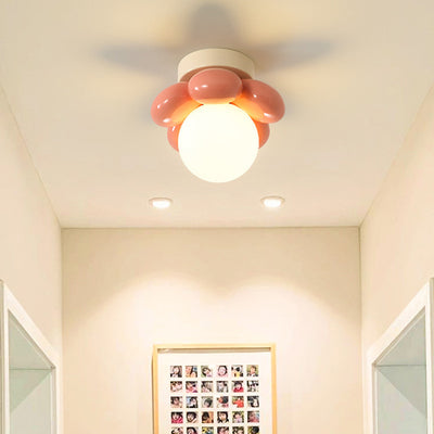 Contemporary Creative Cream Cartoon Flower Round Orb Iron Resin 1-Light Semi-Flush Mount Ceiling Light For Hallway