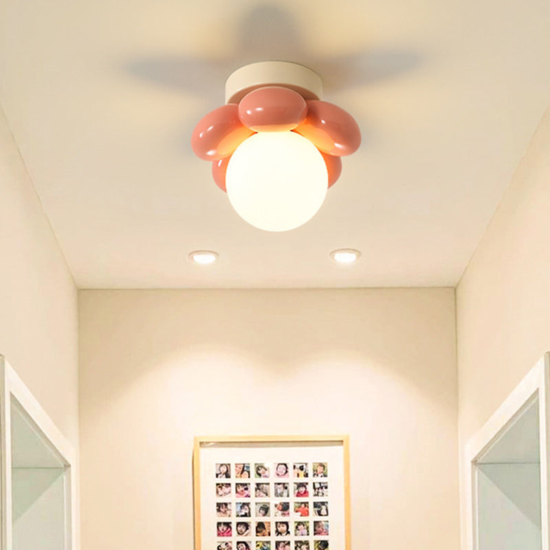 Contemporary Creative Cream Cartoon Flower Round Orb Iron Resin 1-Light Semi-Flush Mount Ceiling Light For Hallway