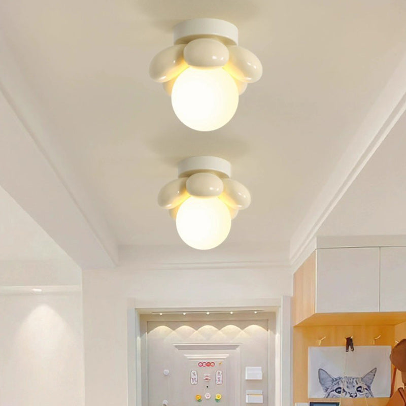 Contemporary Creative Cream Cartoon Flower Round Orb Iron Resin 1-Light Semi-Flush Mount Ceiling Light For Hallway