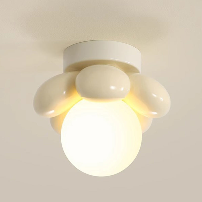 Contemporary Creative Cream Cartoon Flower Round Orb Iron Resin 1-Light Semi-Flush Mount Ceiling Light For Hallway