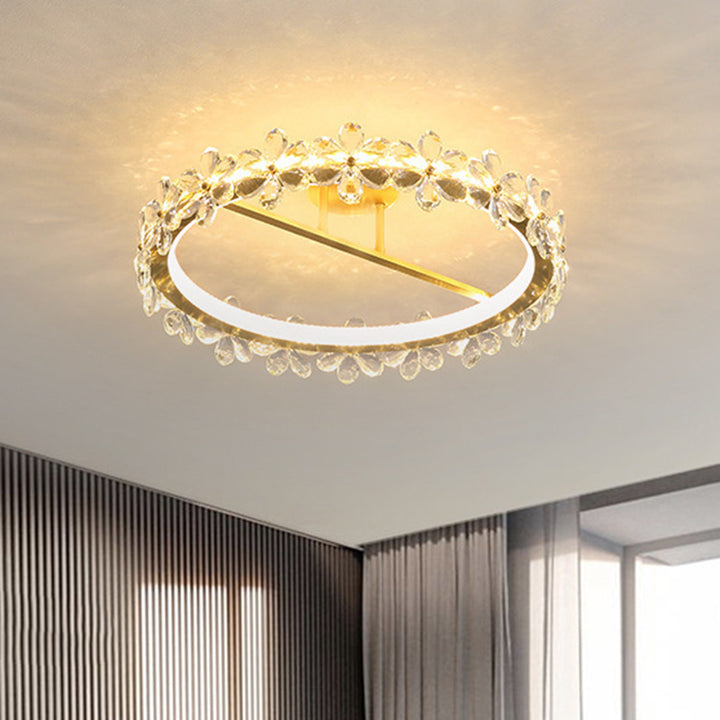 Contemporary Creative Floral Round Circle Iron Crystal LED Semi-Flush Mount Ceiling Light For Bedroom