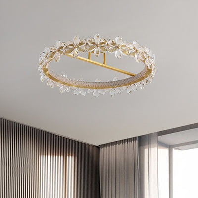 Contemporary Creative Floral Round Circle Copper Crystal LED Semi-Flush Mount Ceiling Light For Bedroom