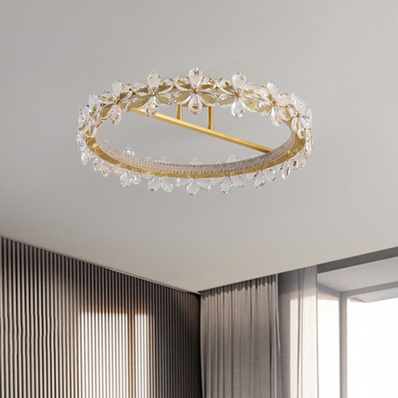 Contemporary Creative Floral Round Circle Copper Crystal LED Semi-Flush Mount Ceiling Light For Bedroom