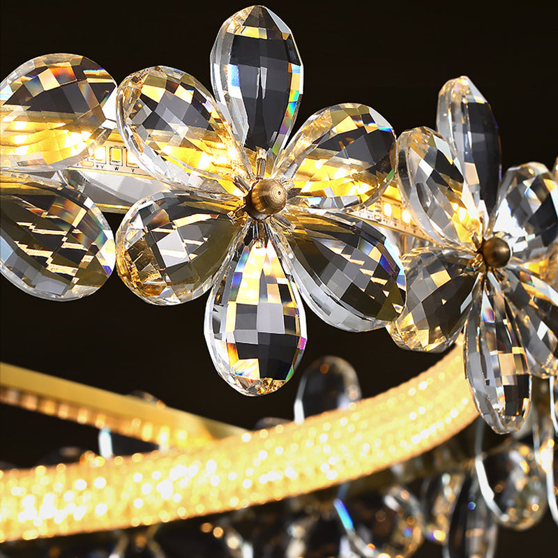 Contemporary Creative Floral Round Circle Iron Crystal LED Semi-Flush Mount Ceiling Light For Bedroom