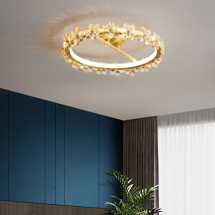 Contemporary Creative Floral Round Circle Iron Crystal LED Semi-Flush Mount Ceiling Light For Bedroom