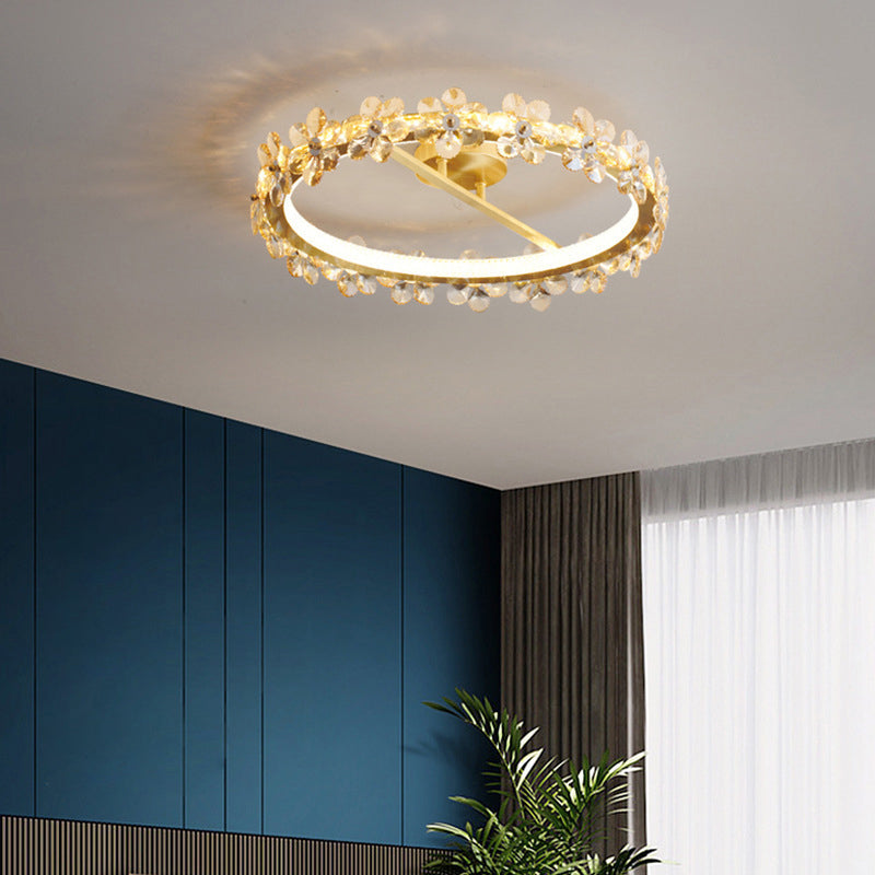 Contemporary Creative Floral Round Circle Copper Crystal LED Semi-Flush Mount Ceiling Light For Bedroom