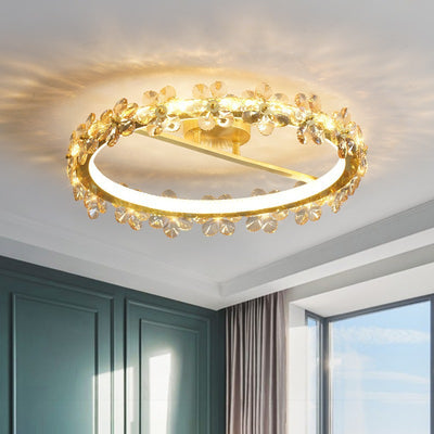 Contemporary Creative Floral Round Circle Copper Crystal LED Semi-Flush Mount Ceiling Light For Bedroom