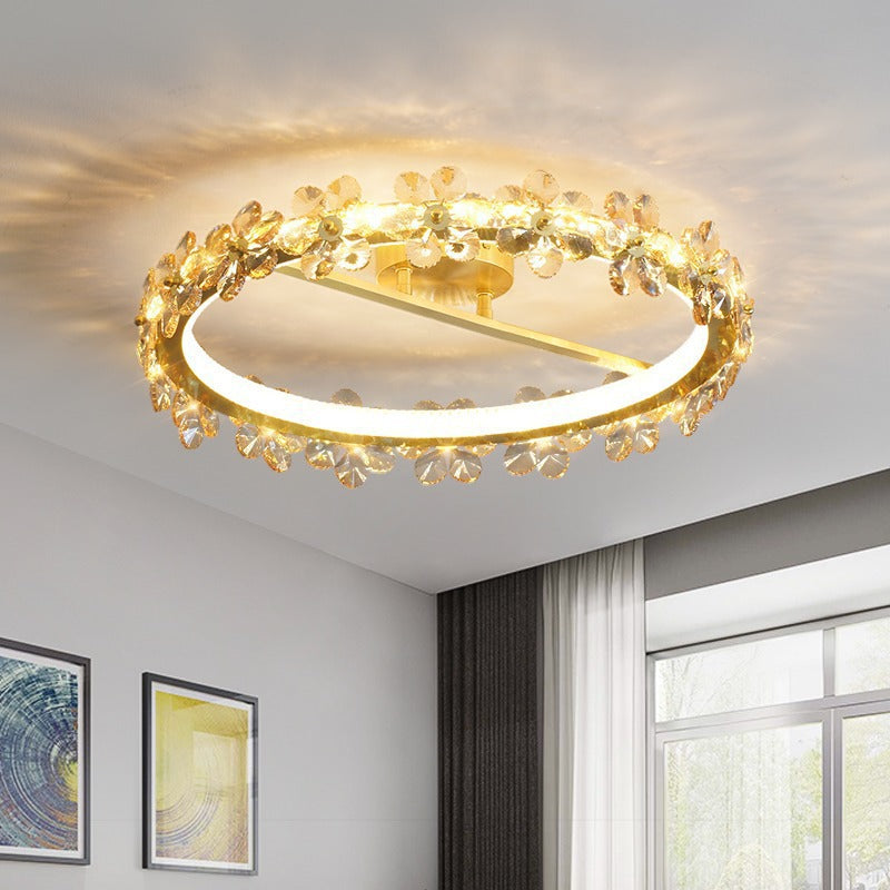 Contemporary Creative Floral Round Circle Copper Crystal LED Semi-Flush Mount Ceiling Light For Bedroom