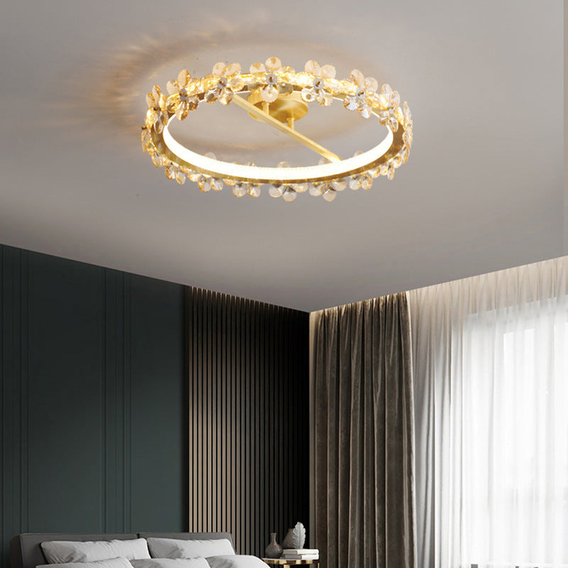 Contemporary Creative Floral Round Circle Iron Crystal LED Semi-Flush Mount Ceiling Light For Bedroom