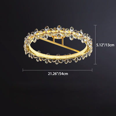 Contemporary Creative Floral Round Circle Copper Crystal LED Semi-Flush Mount Ceiling Light For Bedroom