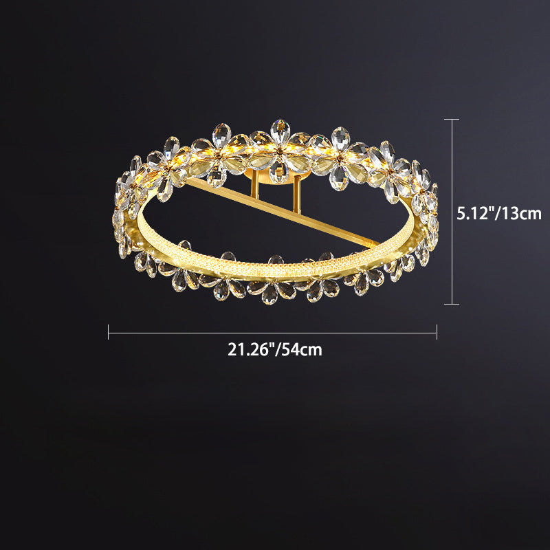 Contemporary Creative Floral Round Circle Copper Crystal LED Semi-Flush Mount Ceiling Light For Bedroom