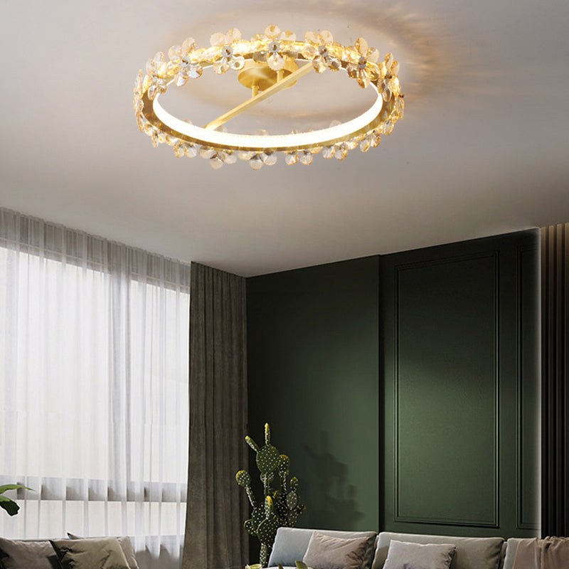 Contemporary Creative Floral Round Circle Iron Crystal LED Semi-Flush Mount Ceiling Light For Bedroom